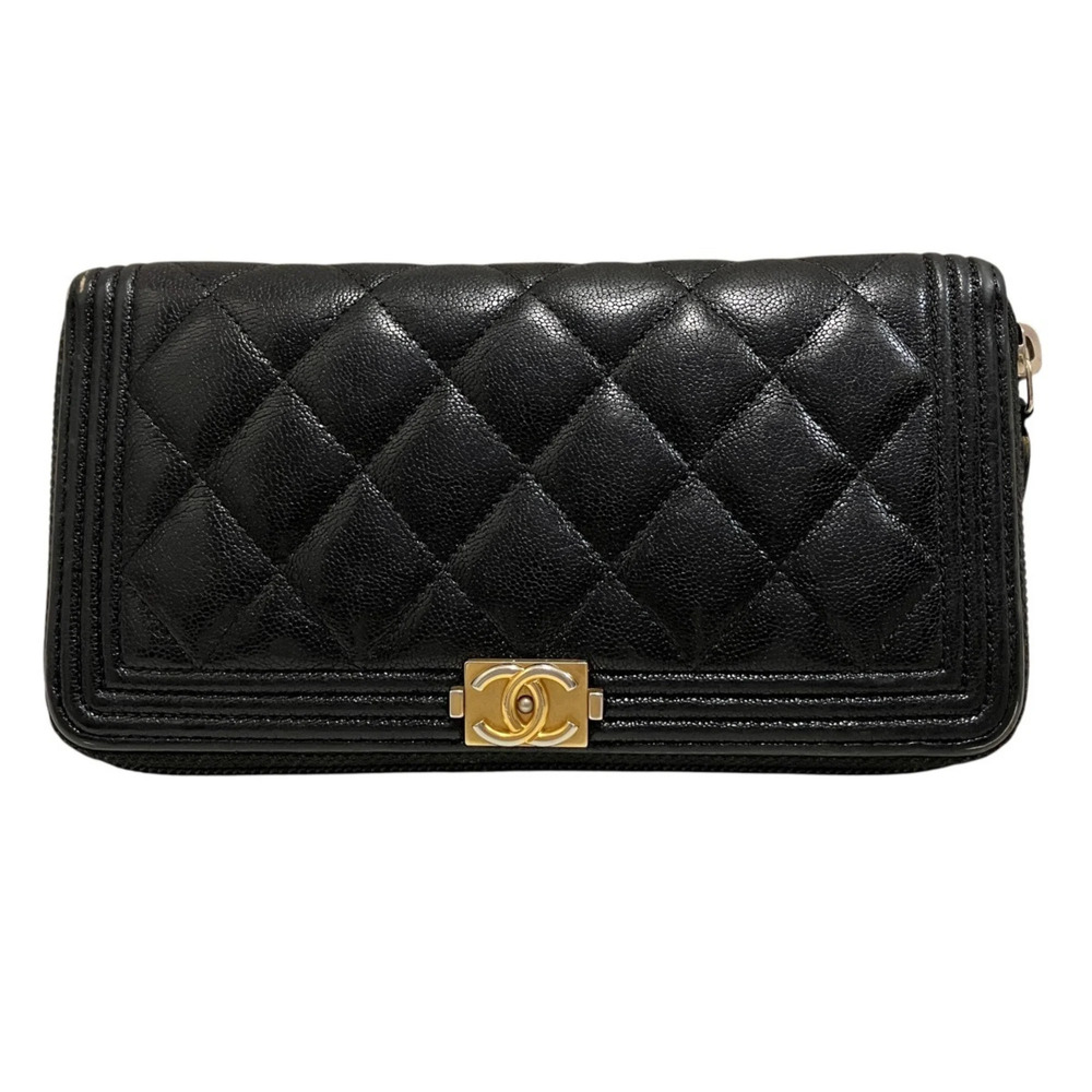 Chanel Boy round zipper long wallet, caviar leather.